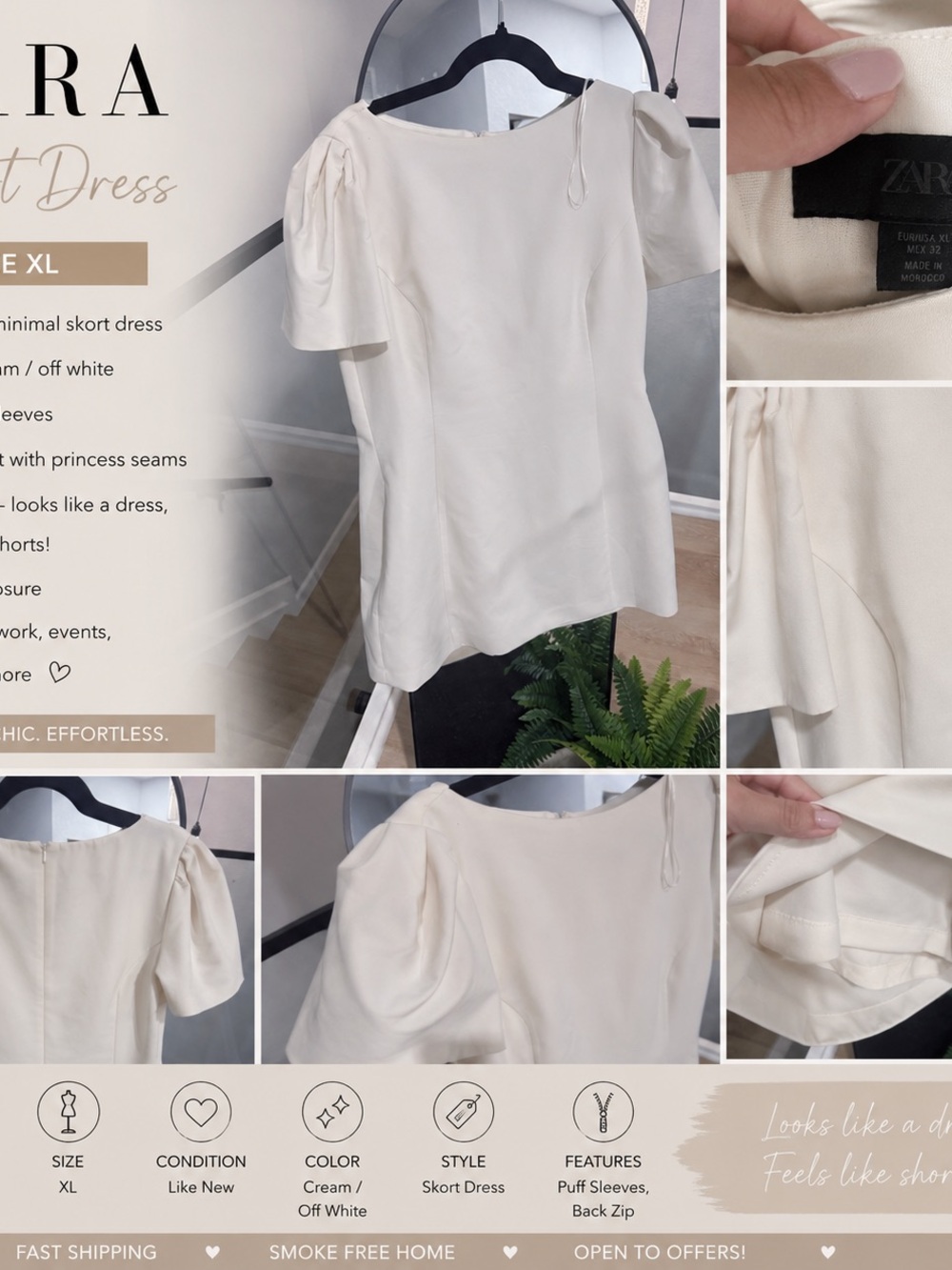 Zara Off-White Puff-Sleeve skort Dress
